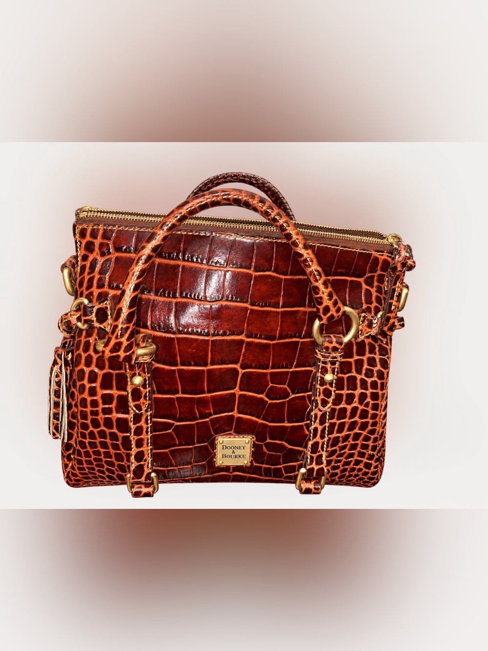 Dooney & Bourke Croc-Embossed Satchel in Chestnut Brown with Crossbody Strap